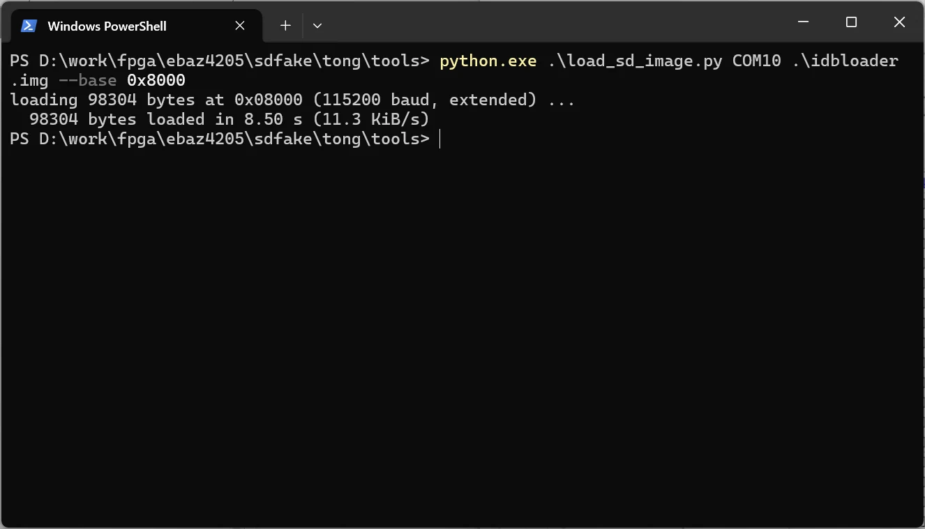 PowerShell 中运行 load_sd_image.py，经 COM10 以 115200 波特推送 98304 字节镜像
